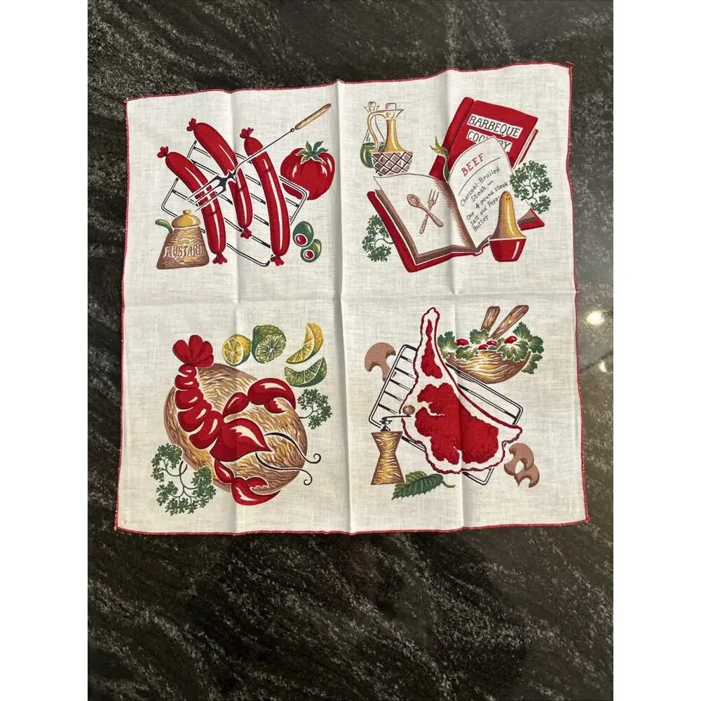 Lot of 4 Vintage MCM Napkins Lobster Beef Steak BBQ Picnic Picnic *FLAW*